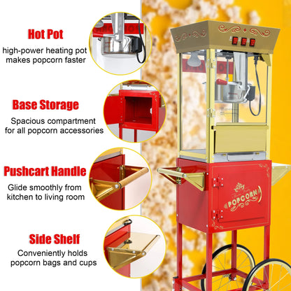 12OZ Popcorn Machine with Cart,  Movie Theater Popcorn Maker Machine with Stainless Steel Kettle, Tempered Glass, 8" Shelf, Popcorn Machine for Kids Party Home, Red