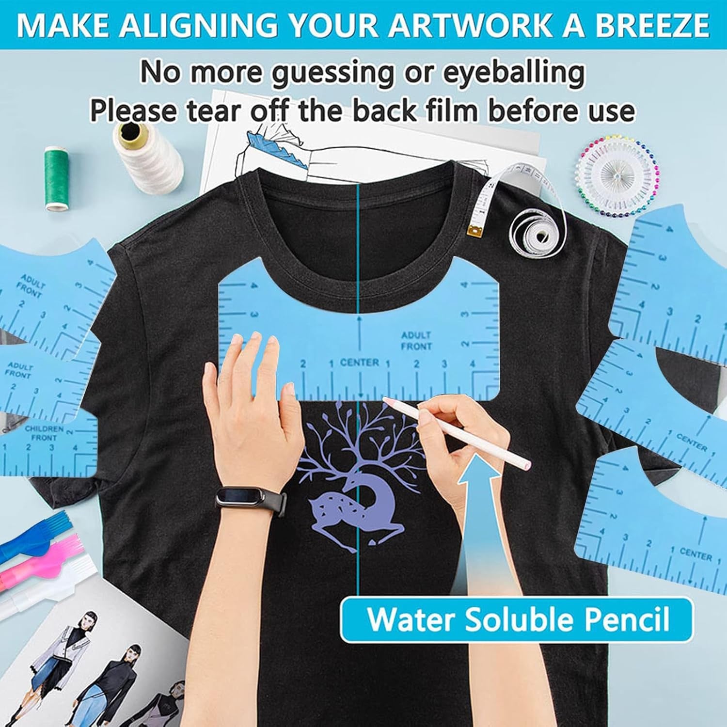 Sublimation Shirts Tool Kits for Vinyl Alignment,Portable Pad for Ironing,T-Shirt Rulers Guide and Teflon Sheet for Cricut Heat Press HTV Vinyl Center Designs,Craft Sewing Accessories