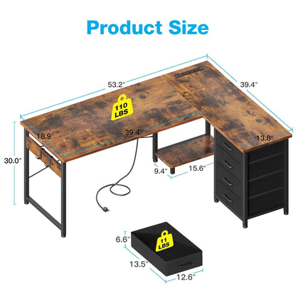 L Shaped Computer Desk with Charging Station, 53 Inch PC Table Study Desk 4 Tier Drawers, Modern Simple Style Laptop Desk for Bedroom, Vintage