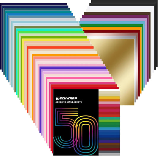 50 Pack 12" X 12" Permanent Adhesive Vinyl Sheets 48 Assorted Colors (Glossy & Matte) with 2 Transfer Tape for DIY Crafting, Decor Sticker Compatible with Cutting Machines