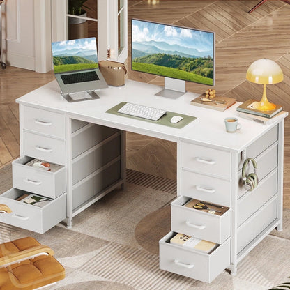 White Computer Desk with Drawers for Storage - 48 Inch Home Office Desk with 8 Fabric Drawers, Writing Study Desk with Drawers on Both Sides for Bedroom
