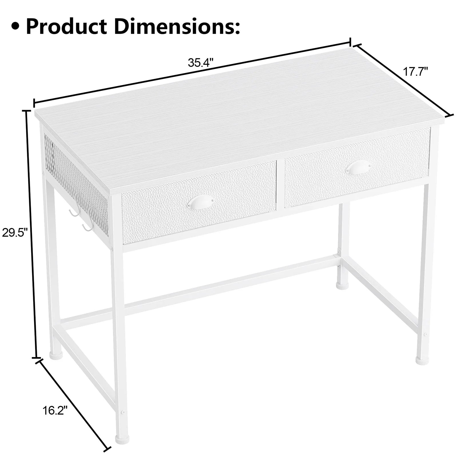 White Writing Desk with Drawers & Hooks, 34" Computer Desk with 2 Fabric Drawers