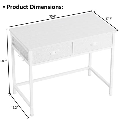 White Writing Desk with Drawers & Hooks, 34" Computer Desk with 2 Fabric Drawers