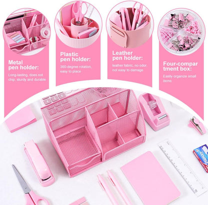 Pink Desk Organizers and Accessories with Desk Organizer 360° Rotating Pen Holder and Office Supplies, 19Pcs Cute Stationery Supplies Set