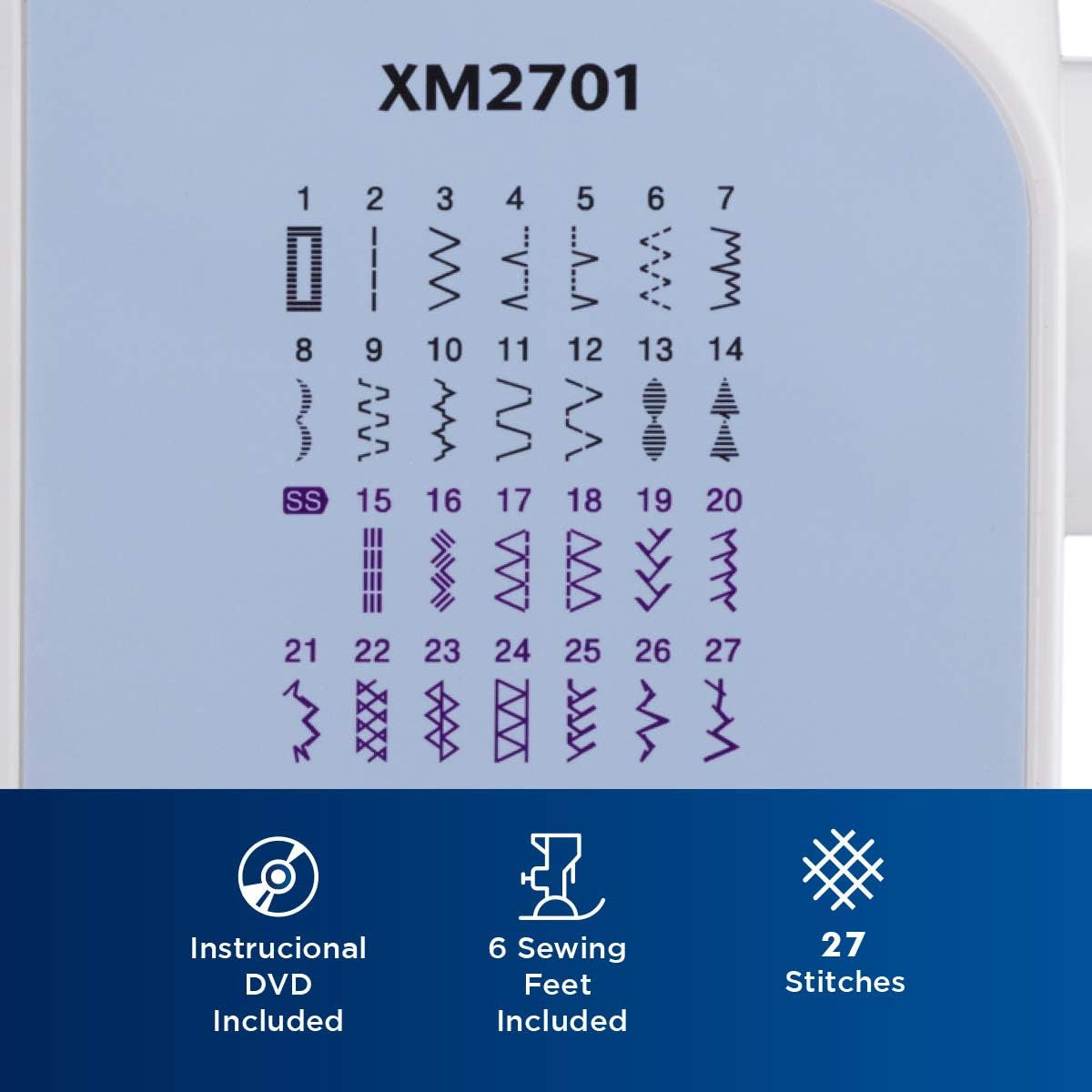 Brother XM2701 Lightweight Sewing Machine 27 Stitches | 27 Built-In Stitches, 1-Step Auto-Size Buttonhole, Needle Threader, Jam-Resistant Top Drop-In Bobbin