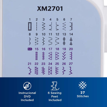 Brother XM2701 Lightweight Sewing Machine 27 Stitches | 27 Built-In Stitches, 1-Step Auto-Size Buttonhole, Needle Threader, Jam-Resistant Top Drop-In Bobbin