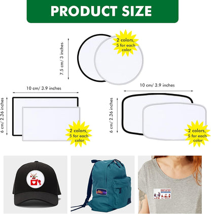 30 Pieces Sublimation Patches Fabric Iron-On Blank Patches 3 Shapes Repair Embroidery Sublimation Blank Hat Embroidery for DIY Crafts, Caps Clothes Shoes Bags Backpacks Uniforms(Black and White Frame)