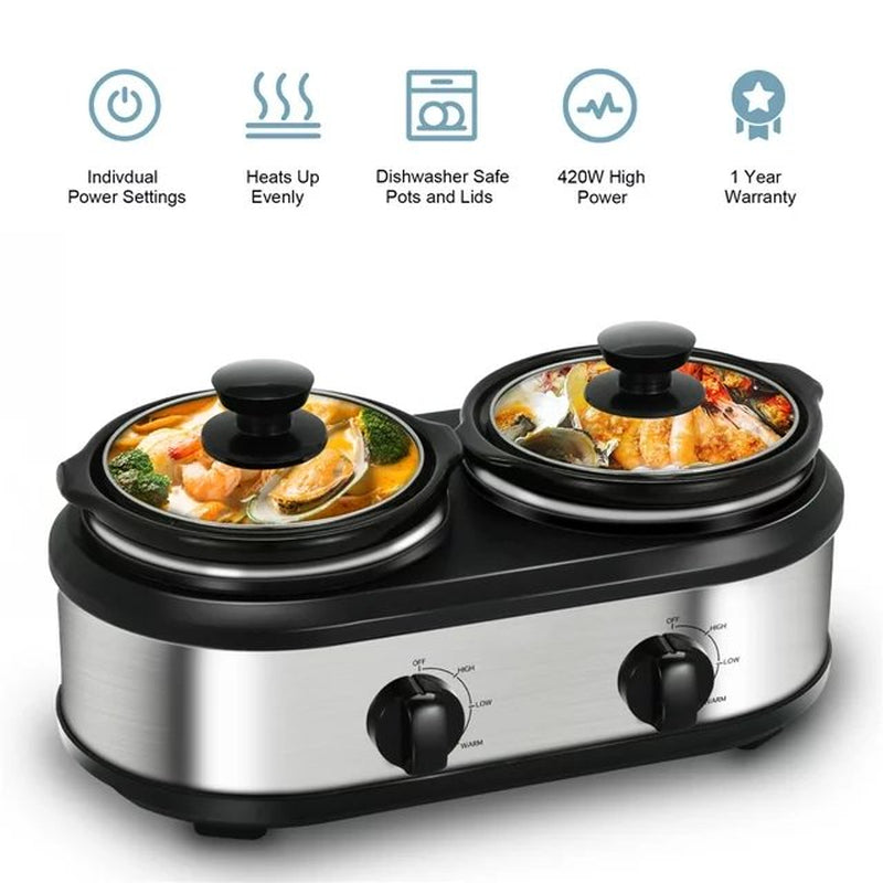 Dual Pot Slow Cooker 2X1.25 Qt Food Warmer with Adjustable Temp Slow Cooker Buffet Server Stainless Steel