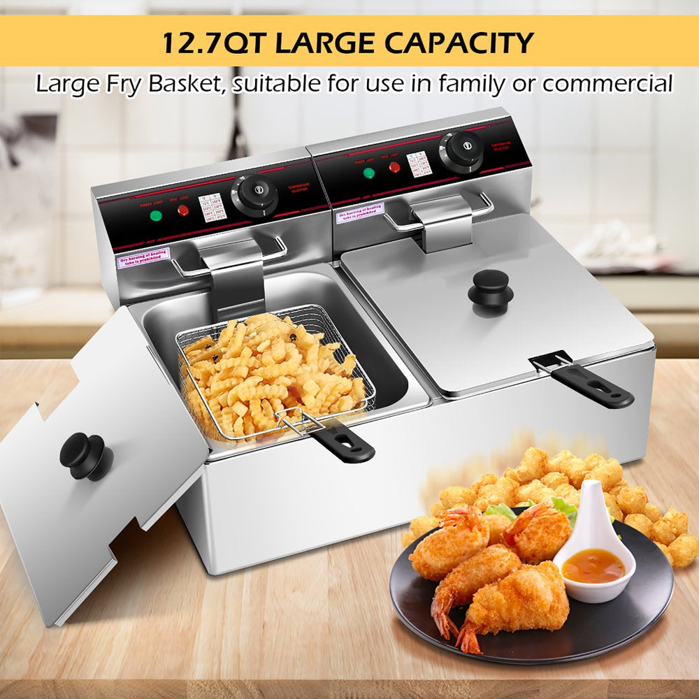 3400W Electric Countertop Deep Fryer Dual Tank Commercial Restaurant Steel