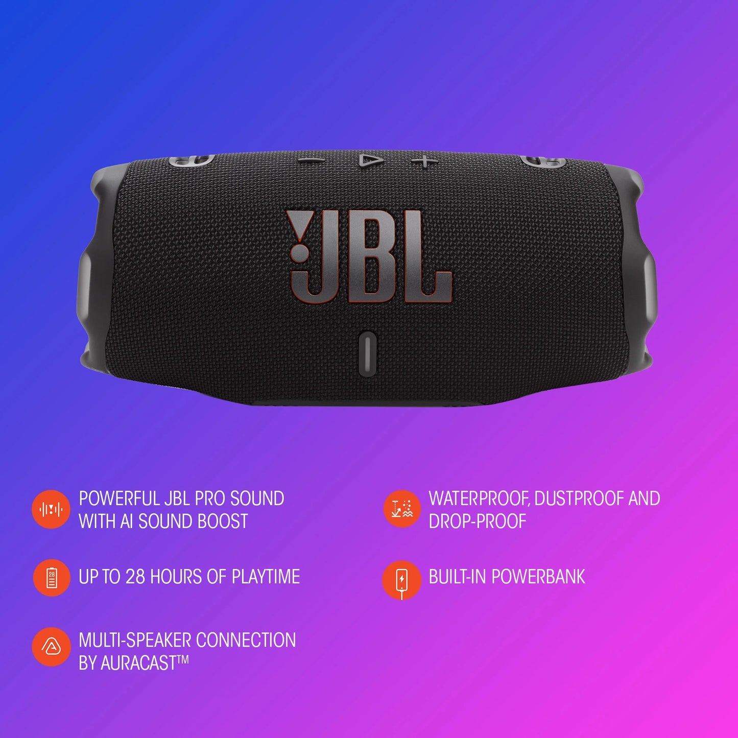 Charge 6 - Portable Waterproof & Drop-Proof Bluetooth Speaker, Bold  Pro Sound with AI Sound Boost, 28Hrs of Playtime, Built-In Powerbank & Comes with a Sturdy/Removable Carrying Strap (Black)