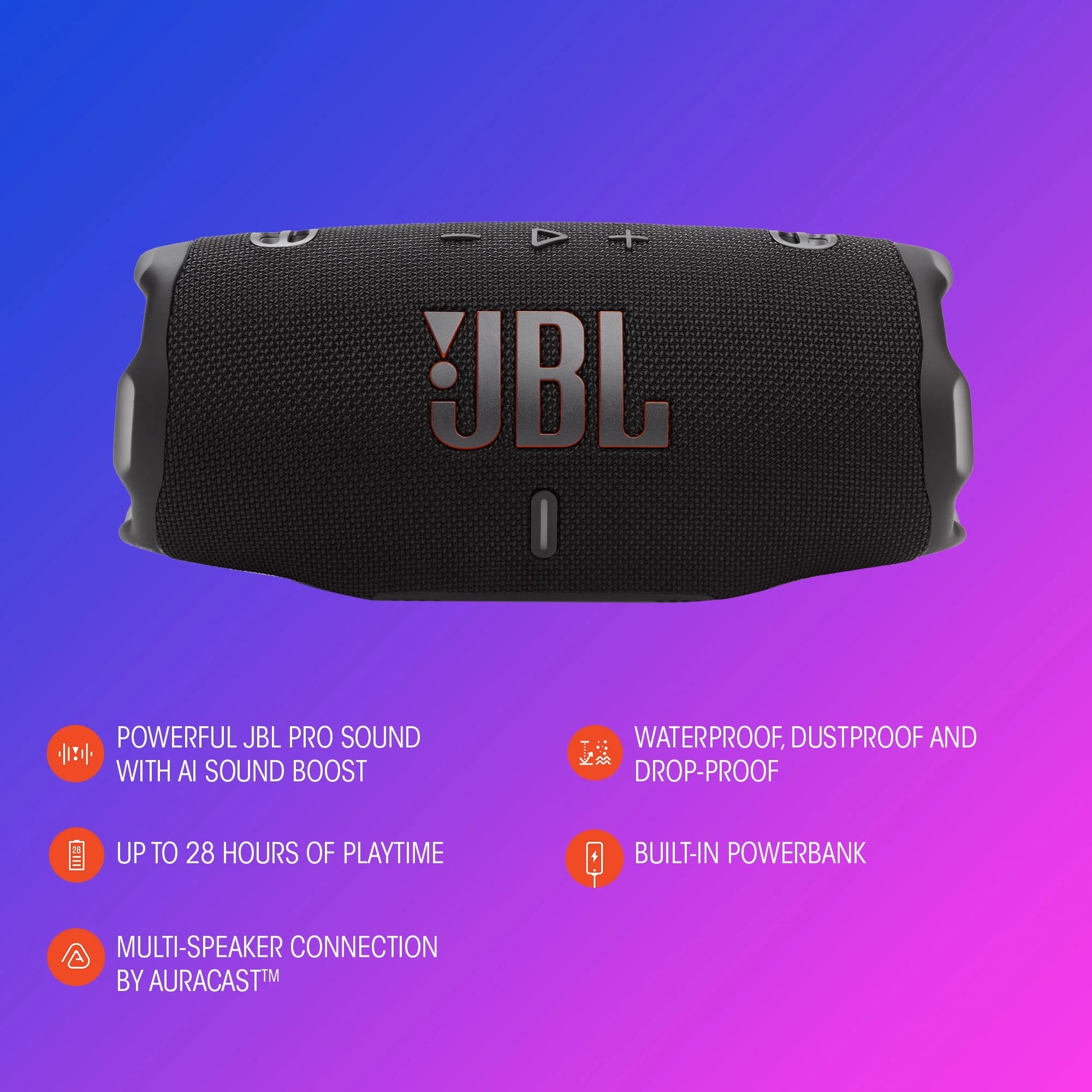 Charge 6 - Portable Waterproof & Drop-Proof Bluetooth Speaker, Bold  Pro Sound with AI Sound Boost, 28Hrs of Playtime, Built-In Powerbank & Comes with a Sturdy/Removable Carrying Strap (Black)