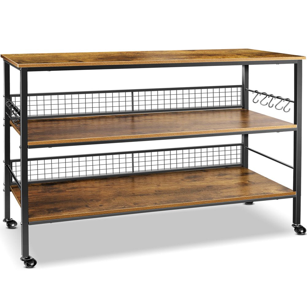 Rolling Kitchen Storage Cart Island with Large Open Shelves and Large Worktop, 3-Tier Kitchen Baker’S Rack with 10 Hooks, Stable Steel Structure and Easy Assembly, Rustic Brown