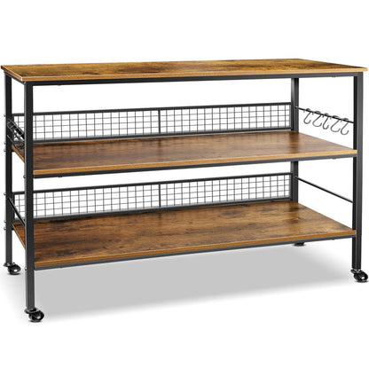 Rolling Kitchen Storage Cart Island with Large Open Shelves and Large Worktop, 3-Tier Kitchen Baker’S Rack with 10 Hooks, Stable Steel Structure and Easy Assembly, Rustic Brown