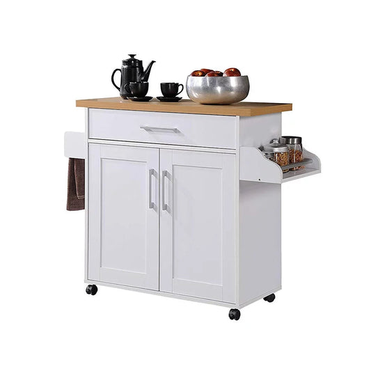 HIK78 WHITE Kitchen Island with Spice Rack & Towel Rack - White