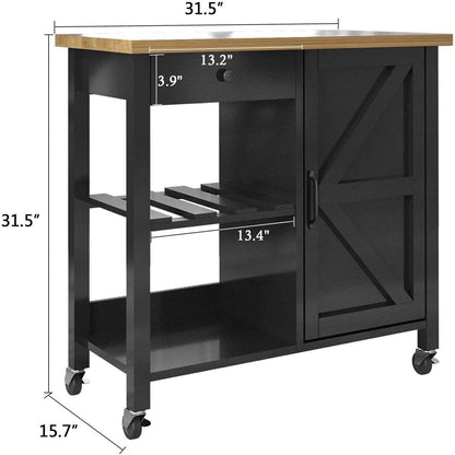 Farmhouse Kitchen Cart with Storage, Rolling Kitchen Cart on Wheels, Microwave Stand Coffee Cart, Black