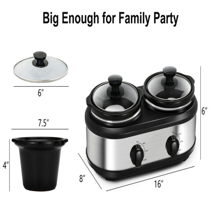 Dual Pot Slow Cooker 2X1.25 Qt Food Warmer with Adjustable Temp Slow Cooker Buffet Server Stainless Steel