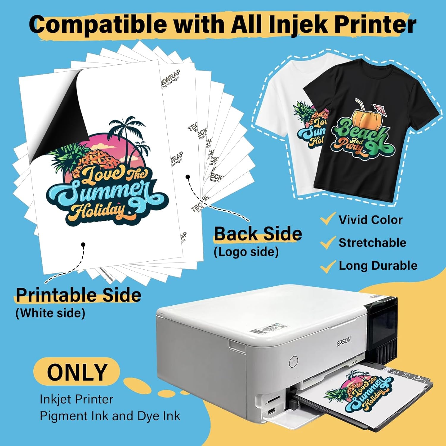 Printable Heat Transfer Paper for T-Shirts 15 Sheets, 8.3" X 11.7" Printable Heat Transfer Vinyl for Inkjet Printer, Iron on Transfer Paper for Light and Dark Fabric (Matte White)