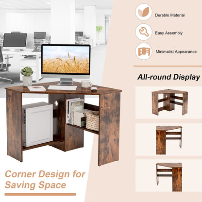 Corner Computer Desk Triangle Writing Workstation W/Storage Shelf Rustic
