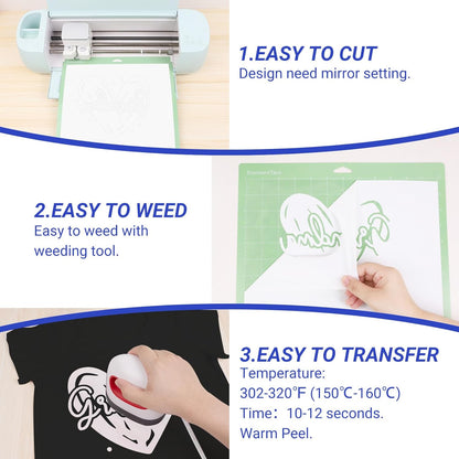 White HTV Iron on Vinyl Rolls - 12" X 30Ft HTV Heat Transfer Vinyl for T-Shirt White Iron on Vinyl Rolls for All Cutter Machine, Easy to Use