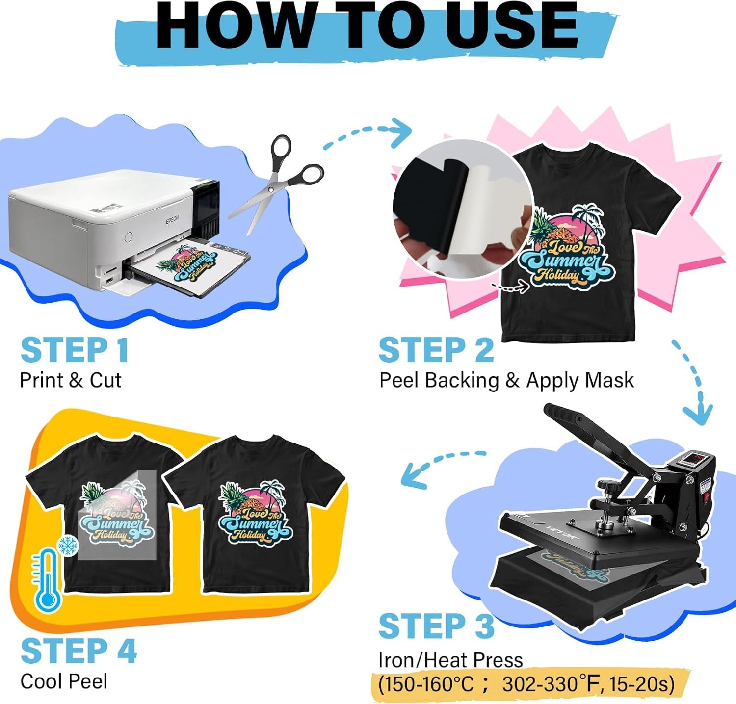 Printable Heat Transfer Paper for T-Shirts 30 Sheets, 8.3" X 11.7" Printable Heat Transfer Vinyl for Inkjet Printer, Iron on Transfer Paper for Light and Dark Fabric (Matte)