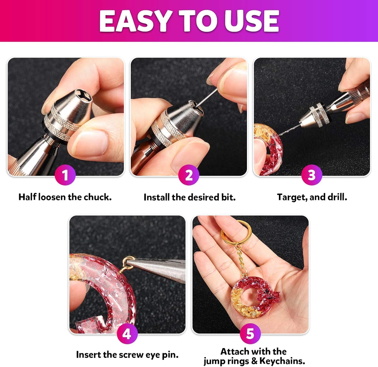 LEOBRO Hand Drill, 222 PCS Pin Vise Hand Drill with Drill Bits(0.8 Mm-3 Mm), Needle Nose Pliers, Keychain Making Kit, Jewelry Making Supplies, Hand Drill Tools for Jewelry Keychains Making