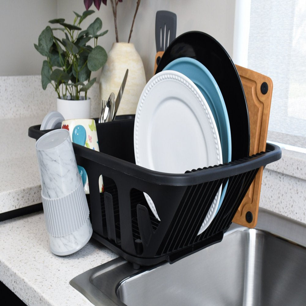 2-Piece Plastic Kitchen Sink Set, Dish Rack with Slide-Out Drip Tray, Black