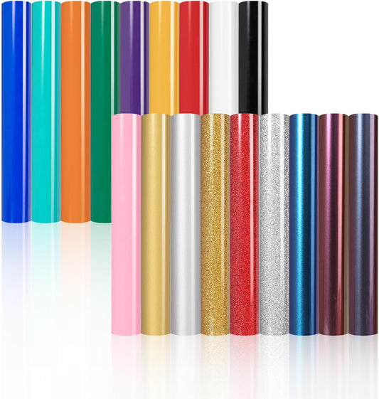 HTV Heat Transfer Vinyl, 18Pack 3-In-1 Variety HTV Vinyl Pack with Glitter, Chameleon & PU Iron on Vinyl for T-Shirts - Easy to Cut & Weed, Compatible with Cricut & Silhouette