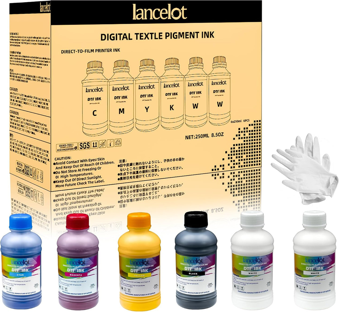 Lancelot DTF Ink 250Ml X6 Set, CMYK+2W for DTF Printers | Premium DTF Ink with Vivid Colors, Anti-Clog Formula, Smooth Printing, and Compatibility with ET-8550, XP-15000 & More