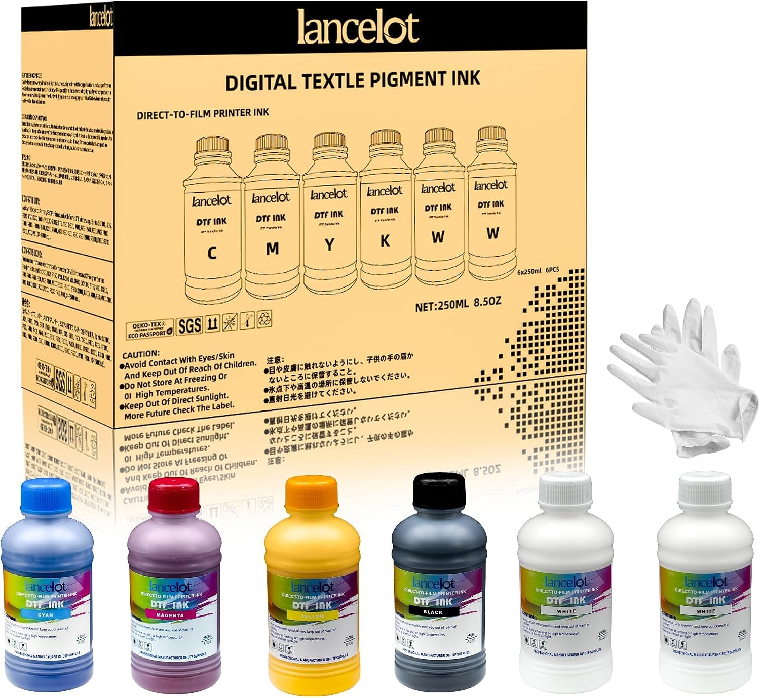 Lancelot DTF Ink 250Ml X6 Set, CMYK+2W for DTF Printers | Premium DTF Ink with Vivid Colors, Anti-Clog Formula, Smooth Printing, and Compatibility with ET-8550, XP-15000 & More