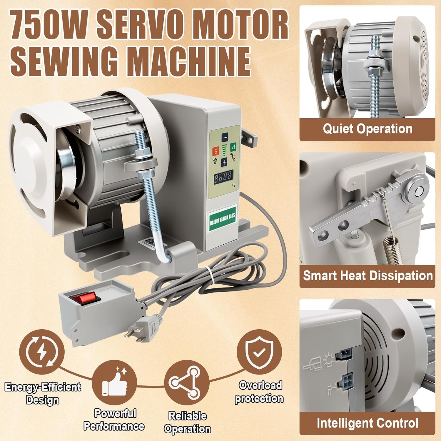 Wadoy Servo Motor Sewing Machine, Controller & Foot Pedal, AC 110V 750W 1HP | 200–6000 RPM Adjustable Speed, CW/CCW, Quiet Energy-Saving Industrial Brushless Sewing Machine Motor, User Manual Included