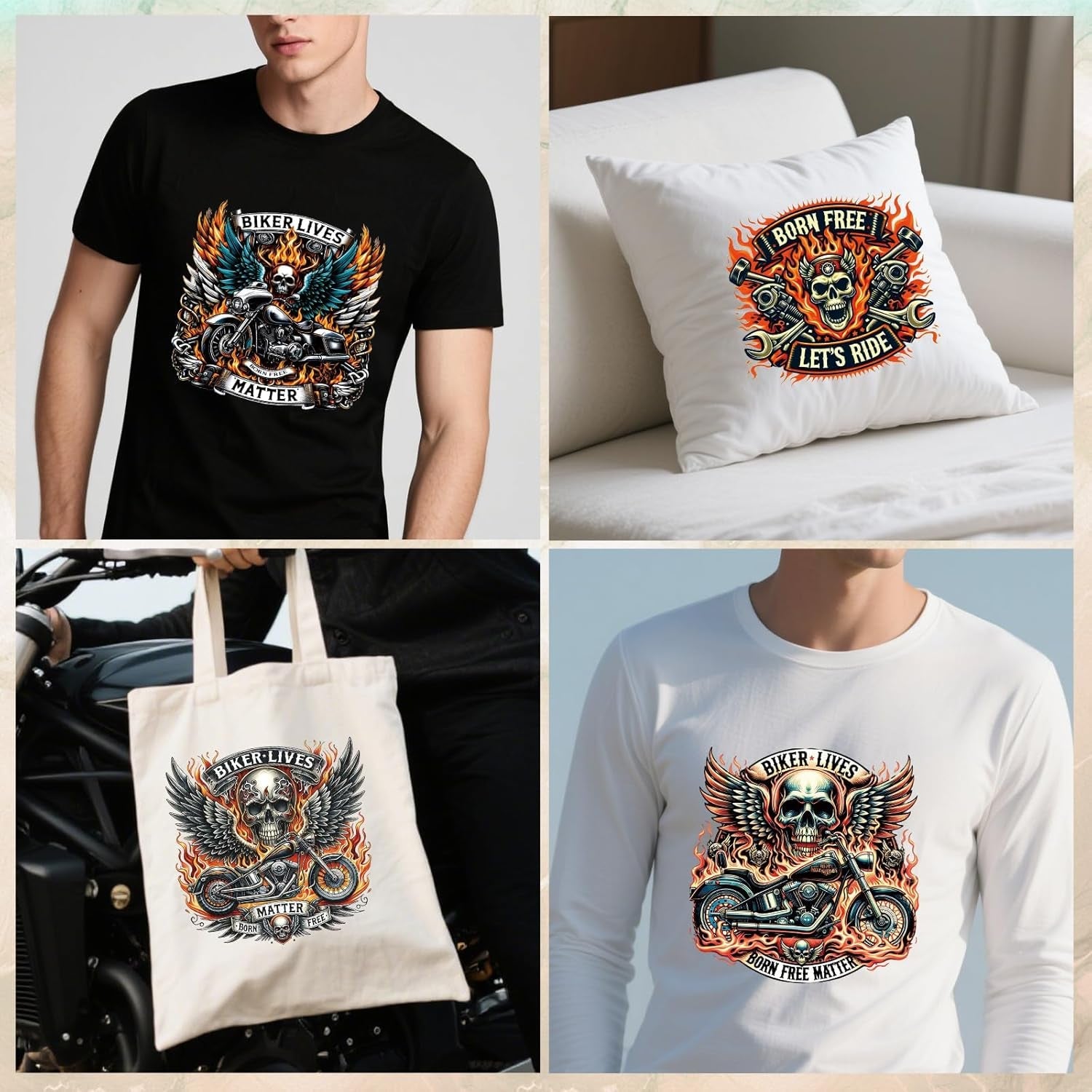 Dtf Transfers Ready to Press - 16 Pcs Motorbike Skull Iron on Transfers for T-Shirts Rider Biker Skull Heat Transfer Vinyl Decals Stickers Iron on Patches for Clothing Bag Hoodie DIY Crafts