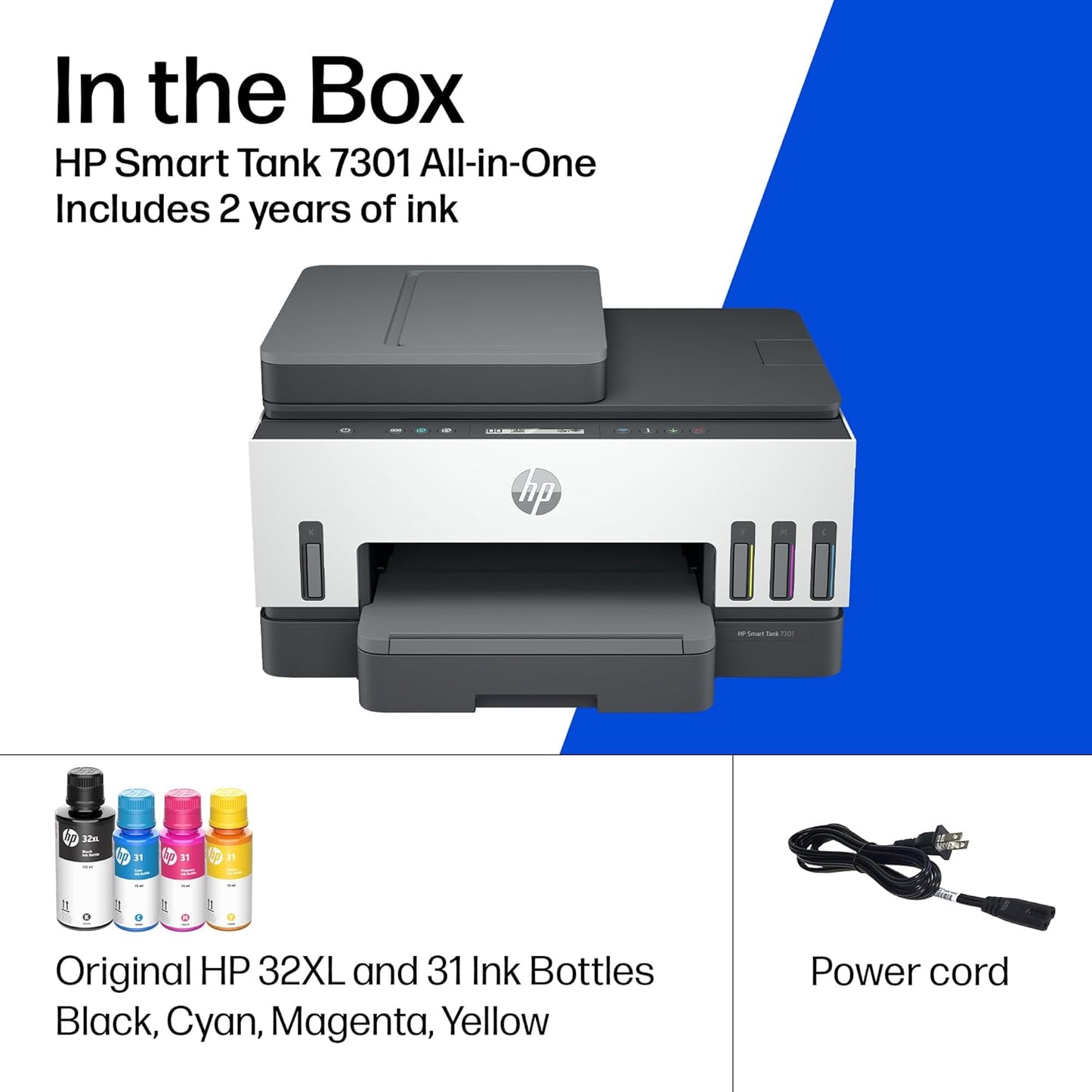 HP Smart Tank 7301 Wireless All-In-One Ink Tank Printer, Scanner, Copier with 2 Years of Ink Included, Best-For-Home Office, Cartridge-Free Refillable, Ai-Enabled (28B70A)