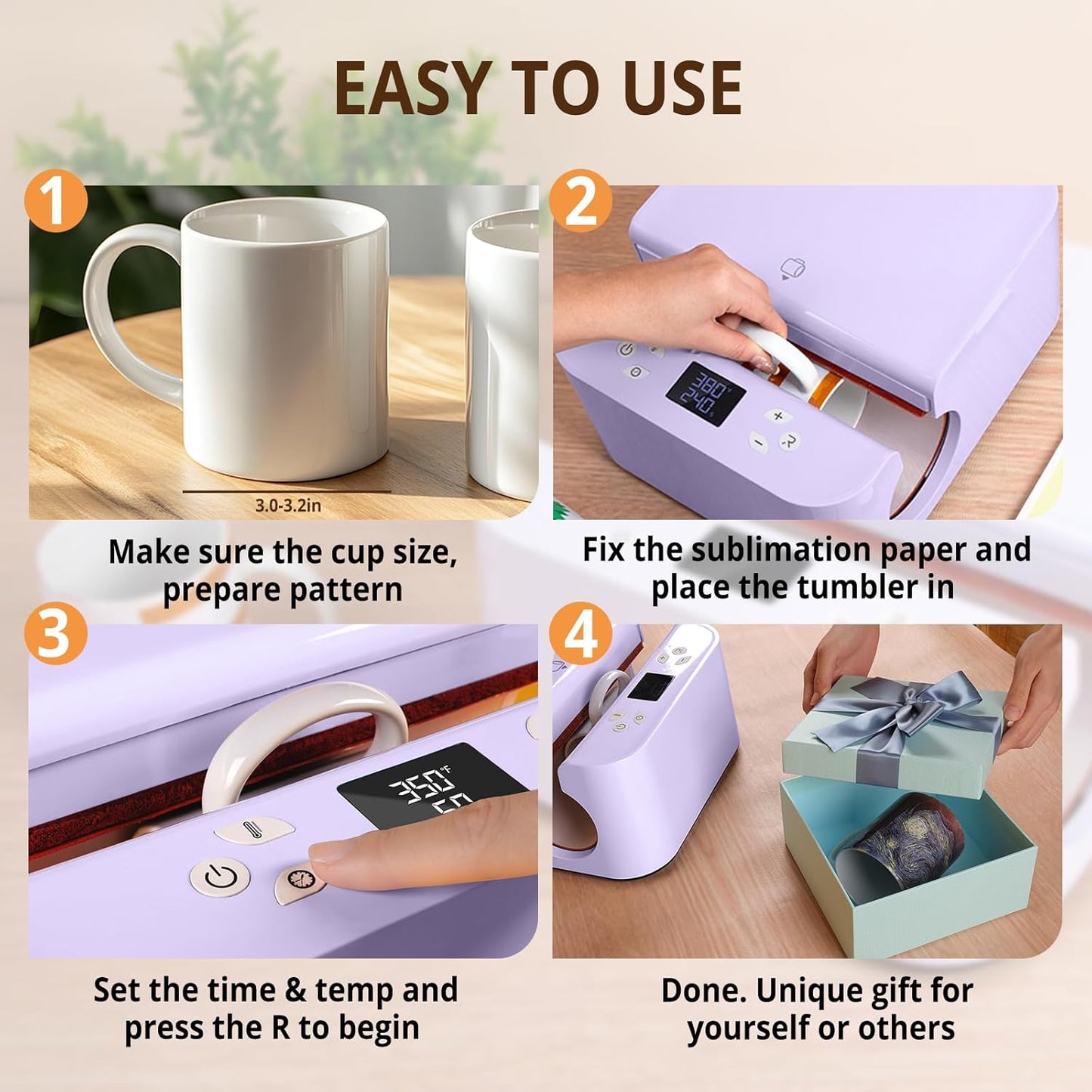 Auto Tumbler Heat Press Machine - Mug Heat Press Heat up Fast & Even, Professional Tumbler Press High-Security for 2.95"-3.18" Sublimation Tumblers, Cups, Glasses and Mugs, Purple