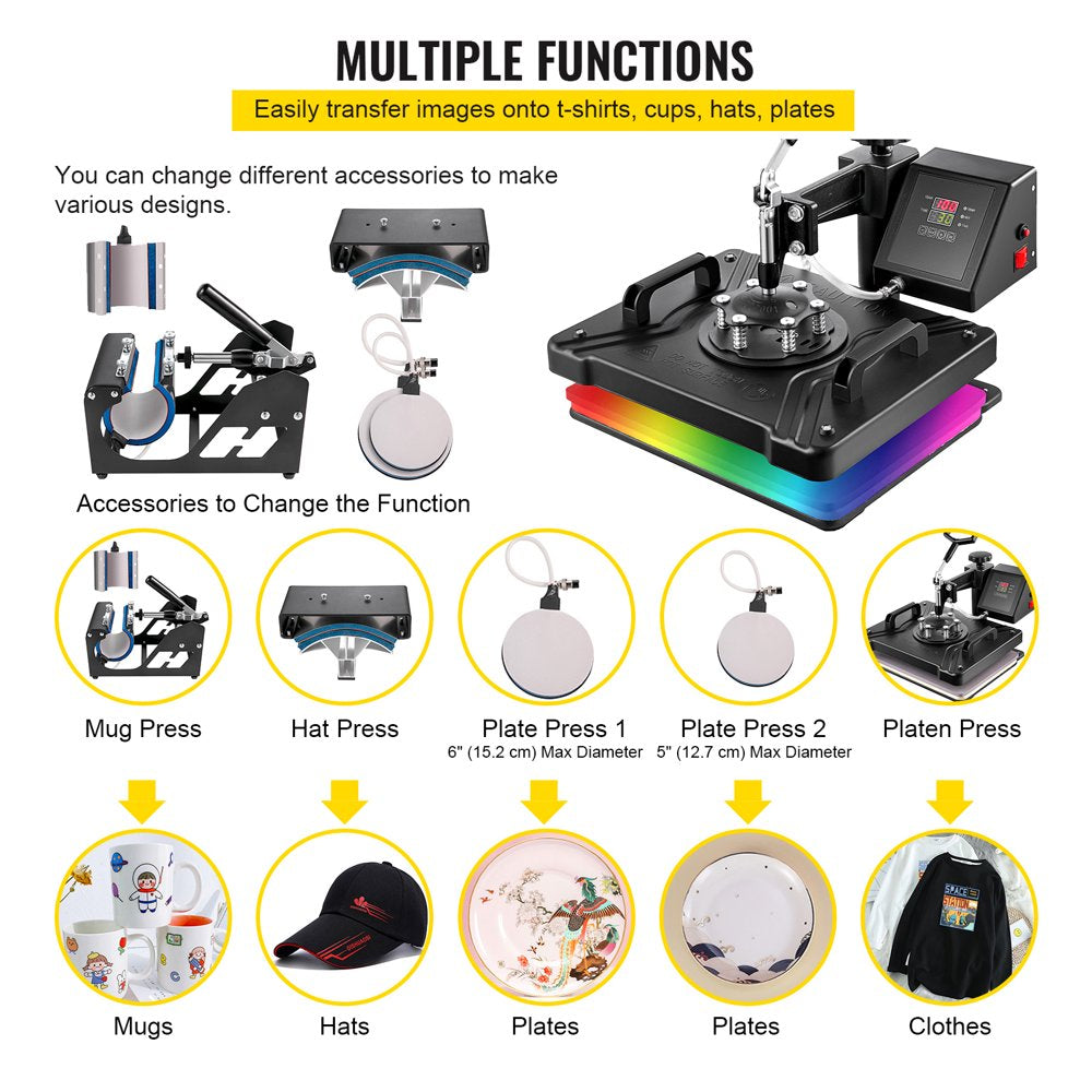 brand 6 in 1 Heat Press Machine, 12X15 Inch Combo Digital Multifunctional Sublimation Heat Transfer Machine, 360 Degree Rotation Swing Away Heat Press for Printing T Shirts Hat Mug Cap Plate