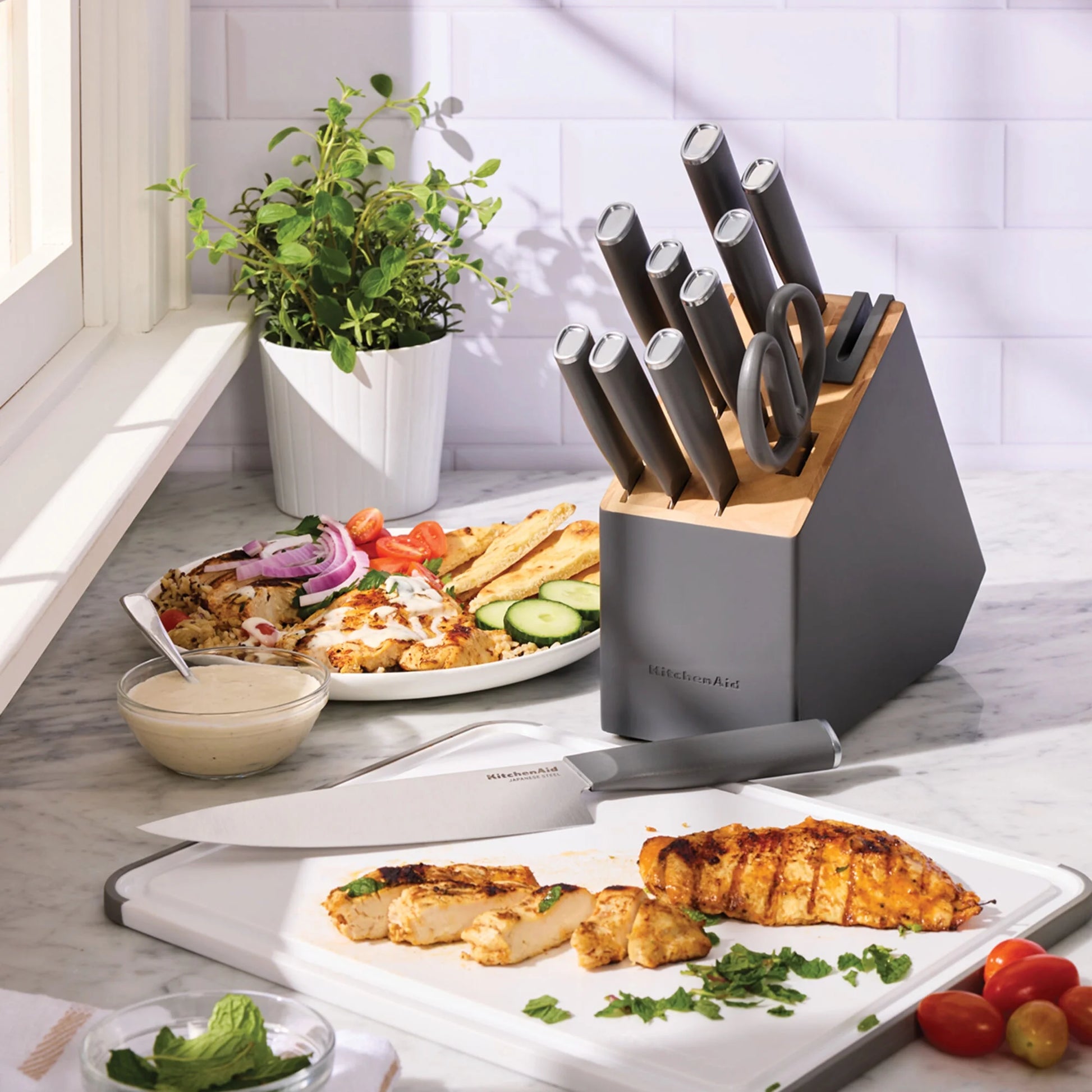 Classic 12-Piece Japanese Steel Knife Block Set with Built-In Knife Sharpener, Charcoal Gray