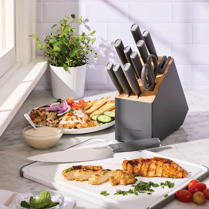 Classic 12-Piece Japanese Steel Knife Block Set with Built-In Knife Sharpener, Charcoal Gray