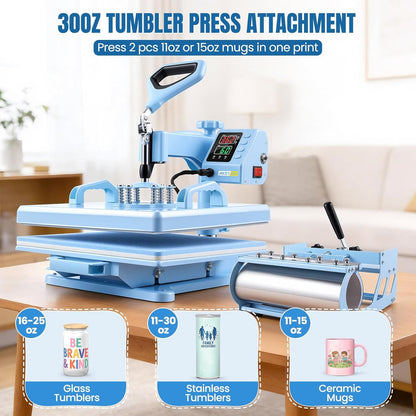 AKEYDIY Heat Press 15X15 Inch 8 in 1 with 30OZ Tumbler Press, 360° Swivel Away Slide Out Digital Shirt Press Machine, Industrial Heat Transfer Machine Sublimation for T-Shirt (15X15-8 in 1 Blue)