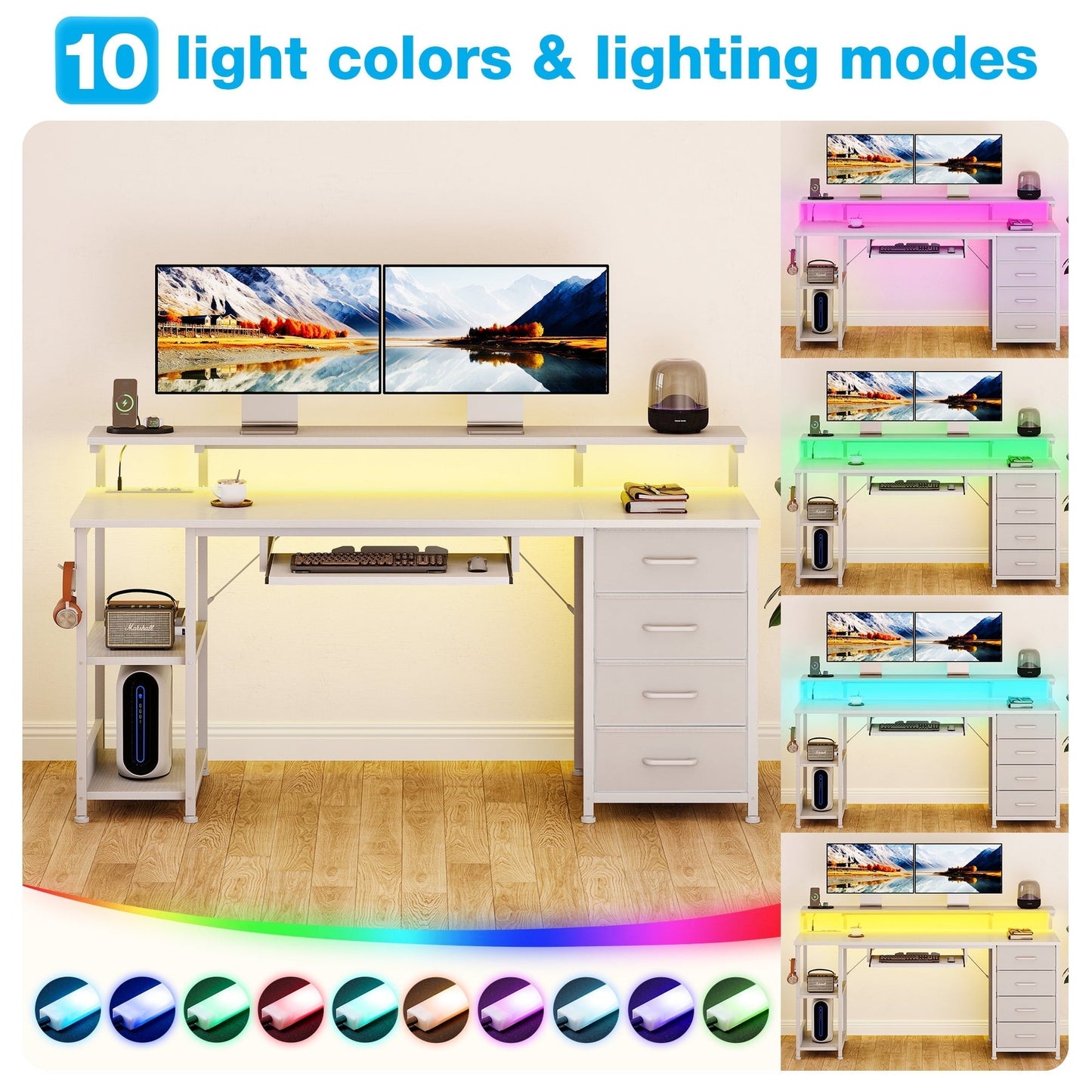 63 Inch Office Desk with Power Outlet and Adjustable Monitor Stand, Computer Desk with Fabric Drawer and Keyboard Tray, Gaming Desk with LED Light & PC Stand, Table for Bedroom with USB Ports, White