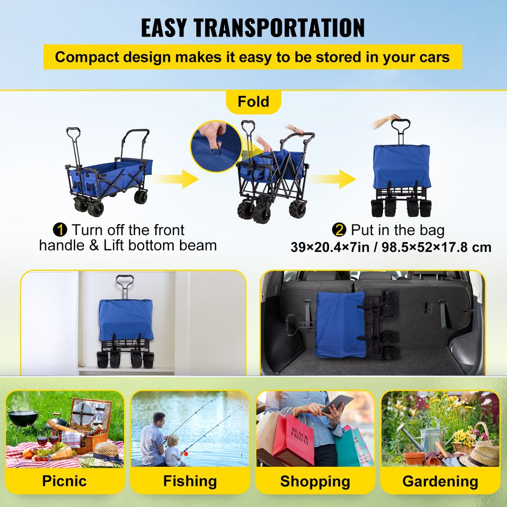 brand Collapsible Wagon Cart Blue, Foldable Wagon Cart Removable Canopy 600D Oxford Cloth, Collapsible Wagon Oversized Wheels, Portable Folding Wagon Adjustable Handles, Beach, Garden, Sports