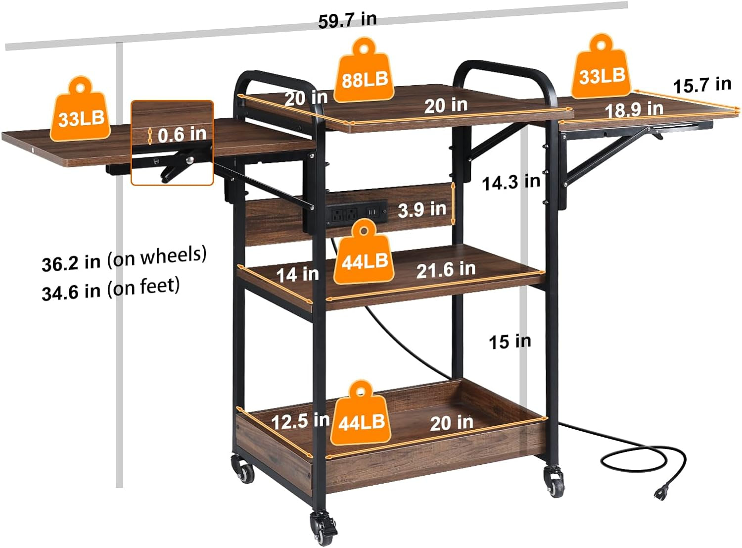 Heat Press Stand Table with Charging Station (2 Outlet and 2 USB Ports), 3 Tier Heat Press Stand for Sublimation Print, Movable Heat Press Table Workbench with Folding Shelf