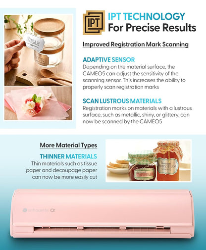 Silhouette America Cameo 5 Alpha (Α) - Smart Cutting Machine for Print & Cut - Quiet Operation with Autoblade, Studio Software, Cutting Mat- Vinyl, Paper & Fabric Compatible - Matte Pink