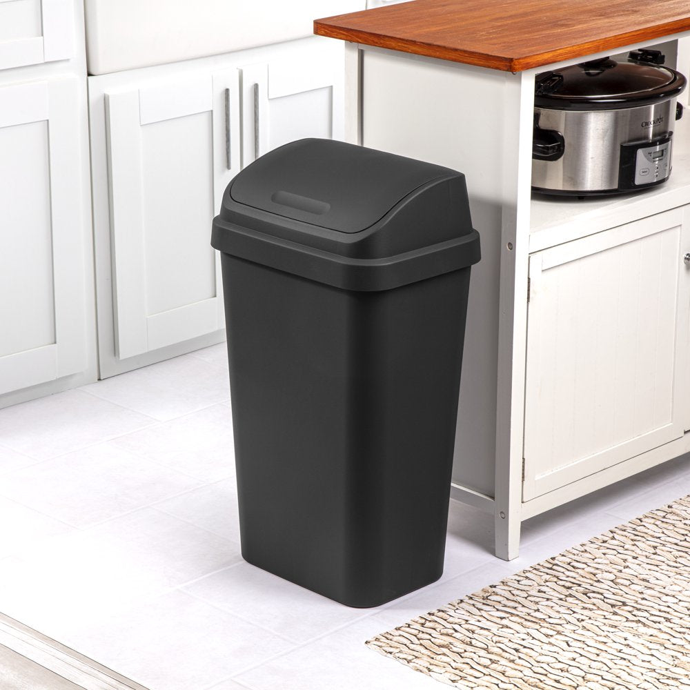 13 Gallon Trash Can, Plastic Swing Top Kitchen Trash Can, Black