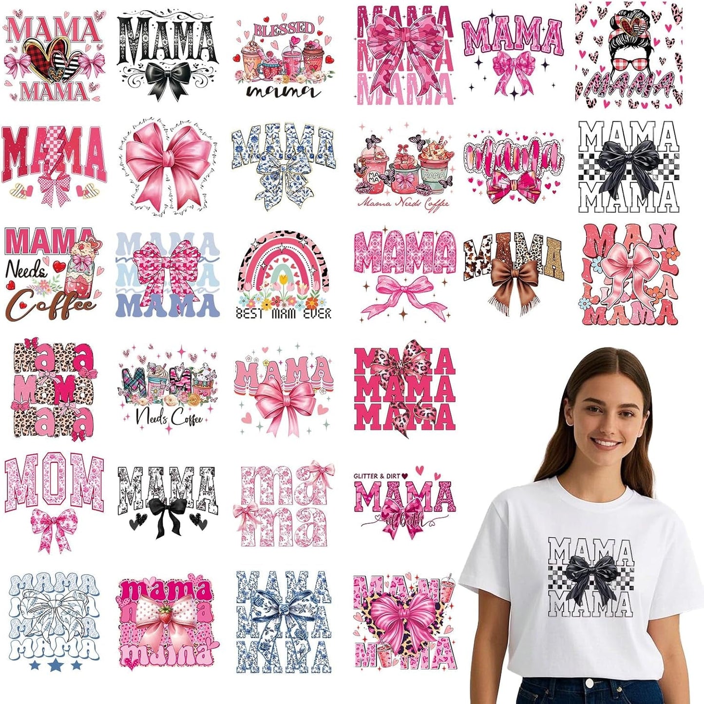 Dtf Transfers Ready to Press - 30Pcs Mother'S Day Iron on Transfers for Tshirts, Mama Bow Iron on Decals Patches, Pink Coquettee Heat Transfer Stickers for Clothes Pillows Bag DIY Crafts