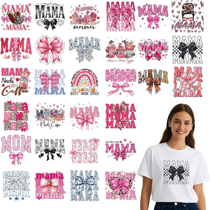 Dtf Transfers Ready to Press - 30Pcs Mother'S Day Iron on Transfers for Tshirts, Mama Bow Iron on Decals Patches, Pink Coquettee Heat Transfer Stickers for Clothes Pillows Bag DIY Crafts