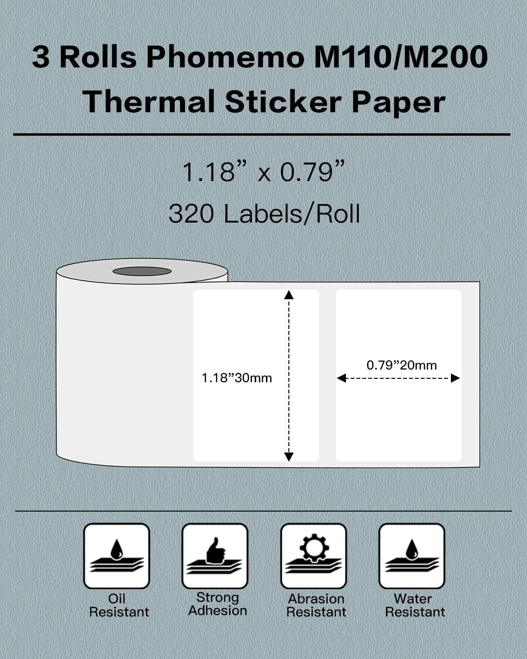 Phomemo Labels- 3 Rolls M110/M220/M221/M120/M200 Thermal Label Paper 1.18" X 0.79" (30X20Mm), M110 Label Multipurpose Square Self-Adhesive Paper, 320 Labels/Roll