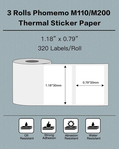 Phomemo Labels- 3 Rolls M110/M220/M221/M120/M200 Thermal Label Paper 1.18" X 0.79" (30X20Mm), M110 Label Multipurpose Square Self-Adhesive Paper, 320 Labels/Roll