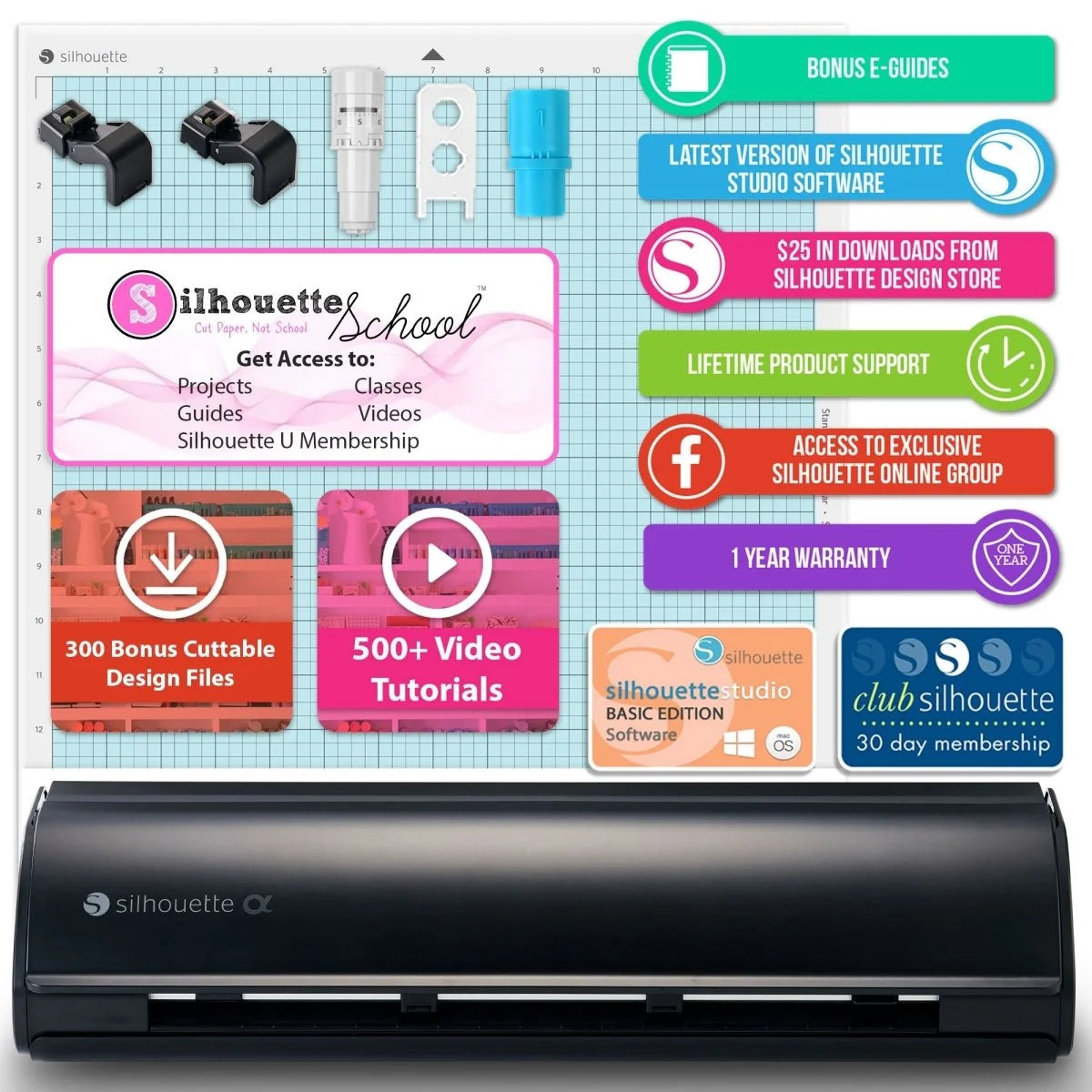 Silhouette Black Cameo 5Α Alpha W/ 38 Oracal Sheets, Siser HTV, Guides, 24 Pens