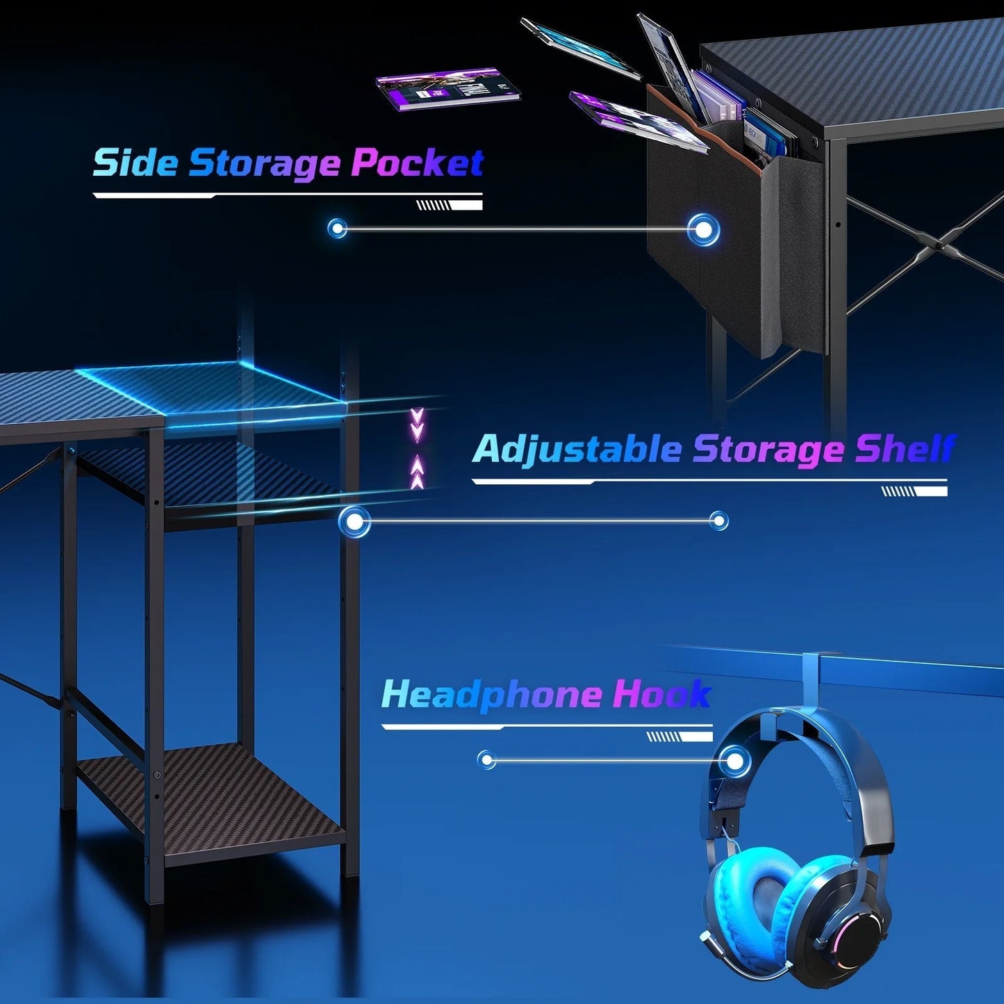 Gaming Desk with LED Lights, 44'' Computer Desk with Reversible Shelves, PC Gamer Desk with Side Storage Bag, Hooks and Height Adjustable Shelf for Home Office, Carbon Fiber Black