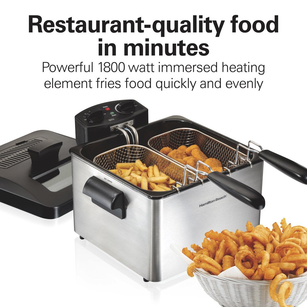 Professional-Style Deep Fryer with 3 Frying Baskets, 4.7 Quart or 19 Cup Oil Capacity, Lid with View Window, Stainless Steel, 35034