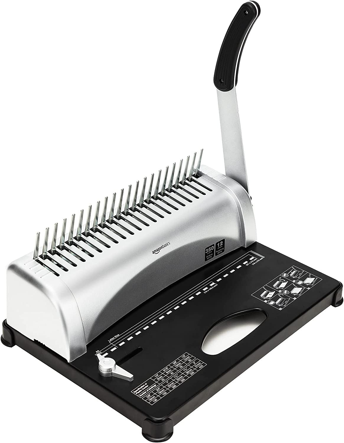 Amazon Basics Comb Binding Machine, 350 Sheets Capacity, for Paper Sizes A5(15 Holes)/Letter(19 Holes)/A4(21 Holes) with Adjustable Margin, Grey